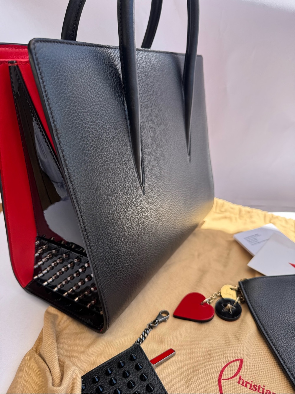 Christian Louboutin Black Leather Tote with Red Trim and Accessories - Picture 3 of 10